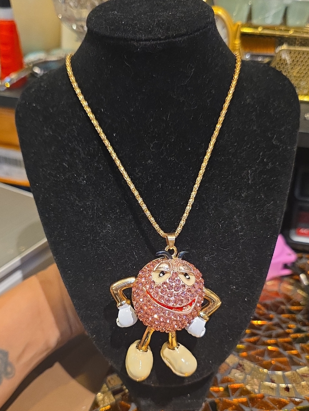 Gold-Tone Pink Crystal Character Pendant Necklace